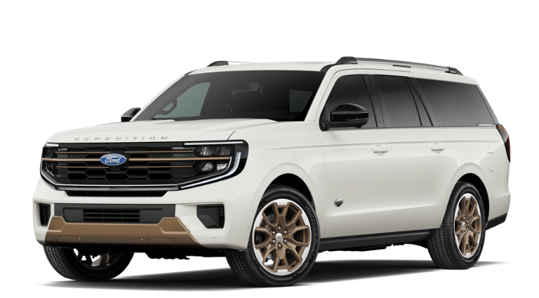 2027 Ford Expedition Max King Ranch in White — front three-quarter view